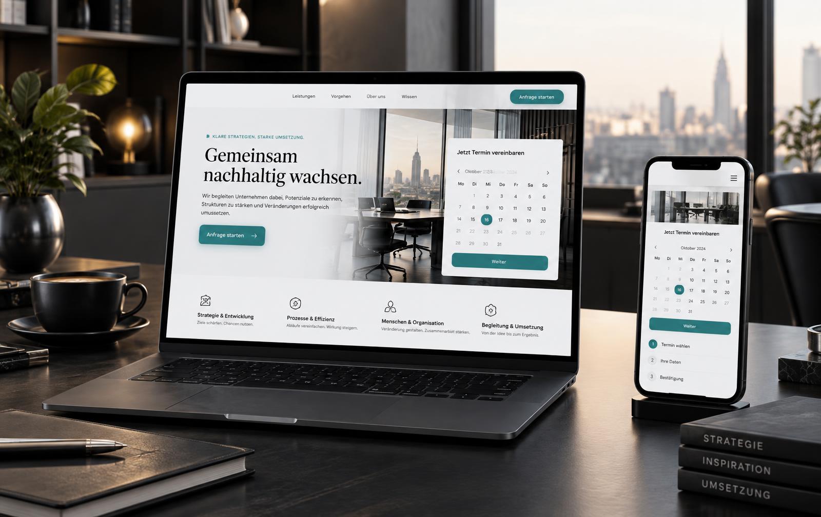 Responsive Unternehmenswebsite mit Fokus auf SEO, KI-Sichtbarkeit und Conversion auf Laptop und Smartphone