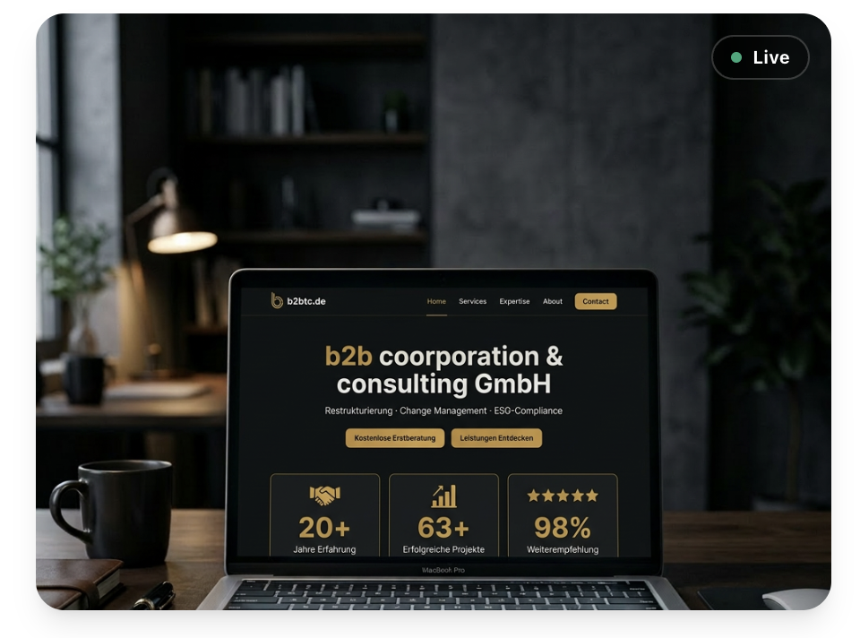 Website der b2b C&C GmbH auf einem Notebook in einem Büro