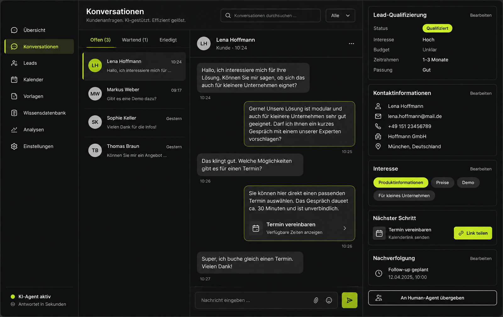 Beispielhafte Oberfläche eines KI-WhatsApp-Agenten mit Gespräch, Lead-Qualifizierung und menschlicher Übergabe