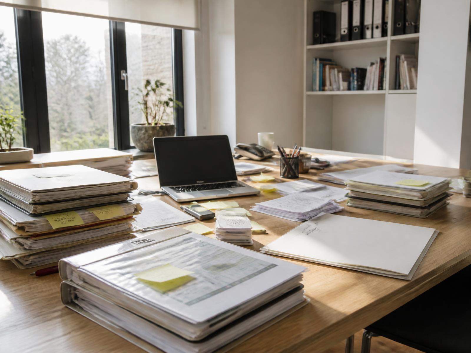 Schreibtisch mit unbearbeiteten Unterlagen am Ende eines Arbeitstages