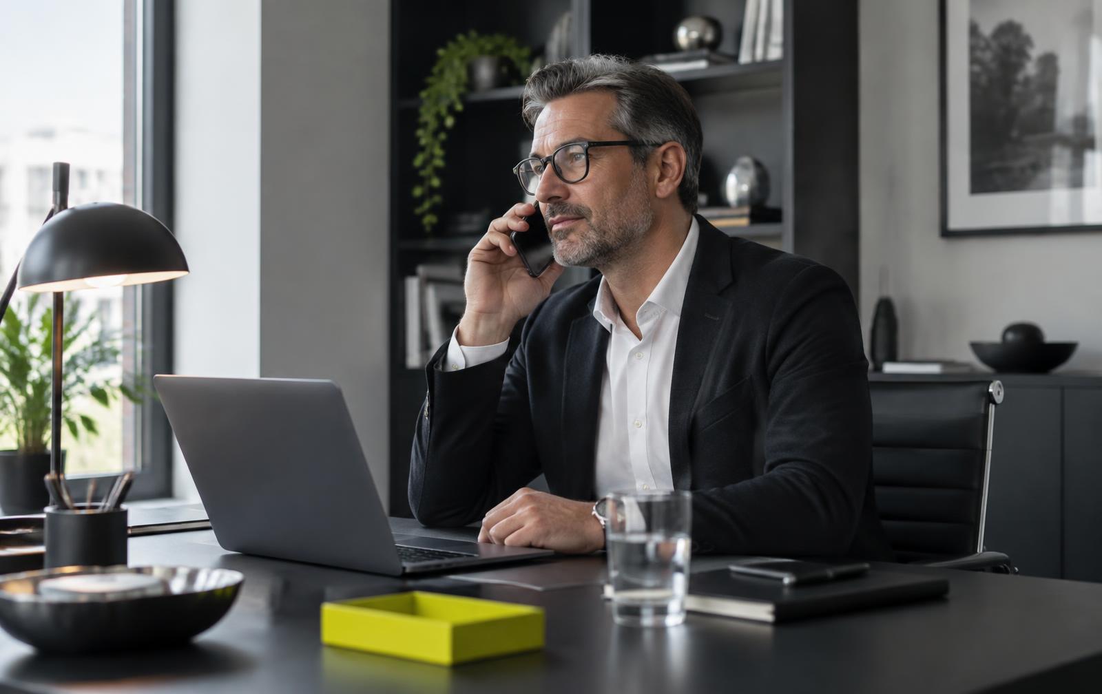 Geschäftsführer führt Kundenkommunikation am Smartphone in einem modernen Büro
